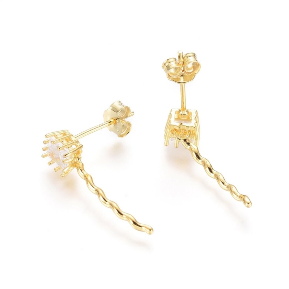 Small Set CZ Stud earrings with swirled Stick dandle in 925 sterling silver Gold